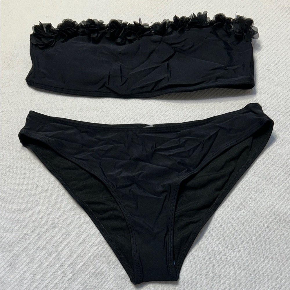 Black Floral Bandeau Bikini Set